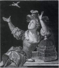 O.N. Flint, Förgäves Clores nu sin lilla fågel beklagar, etsning 712,42a, Den Kgl. Kobberstiksamling, Statens Museum for Kunst, Köpenhamn © SMK Foto